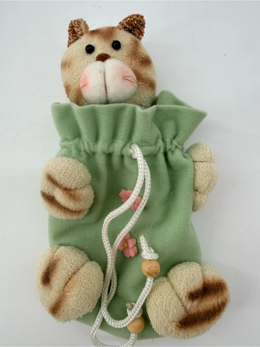 Plush Cat Toy in Sage Green Drawstring Outfit